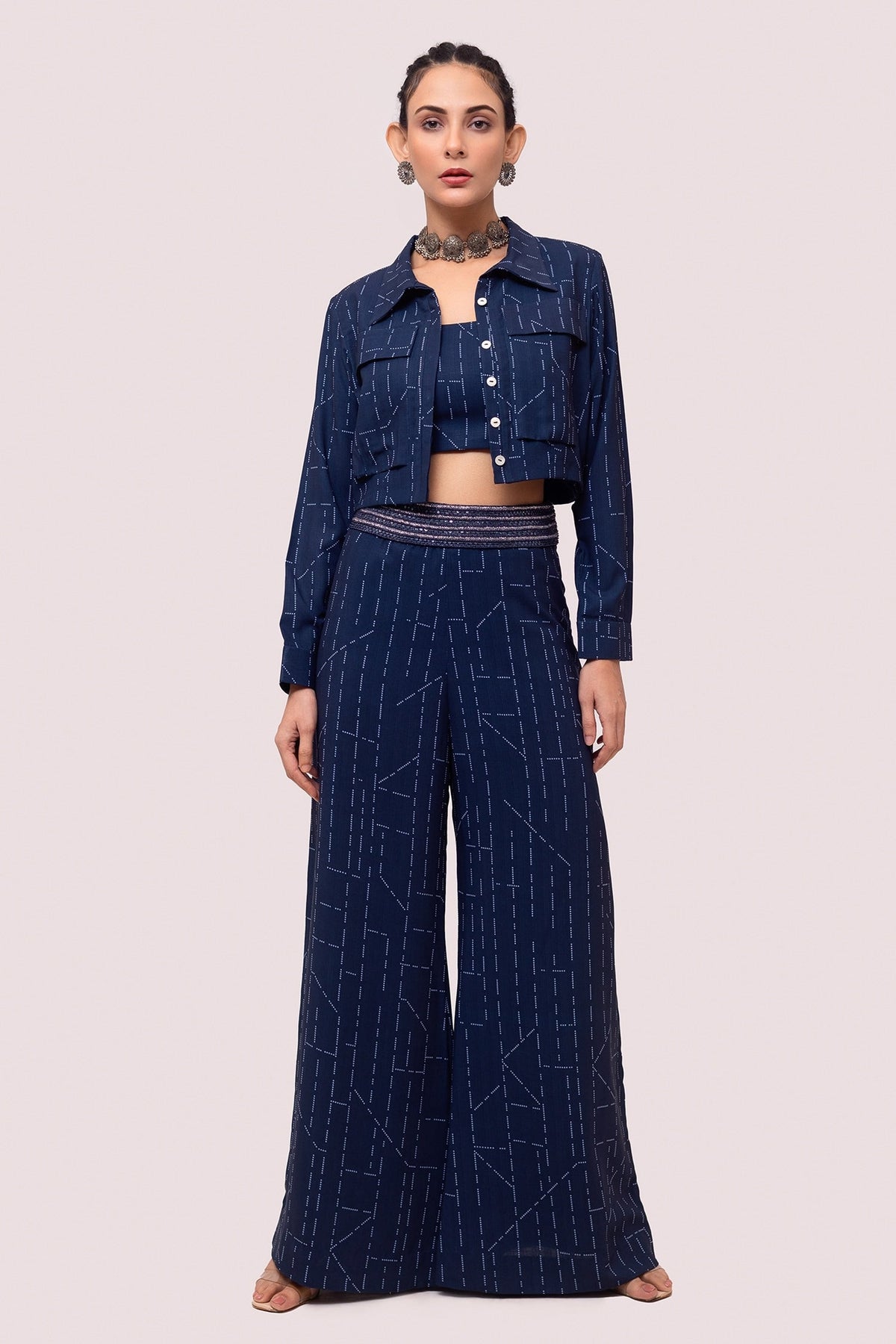 Blue Tussar Print Geometric Collared Neck Line Cropped Shirt Pant Set For Women