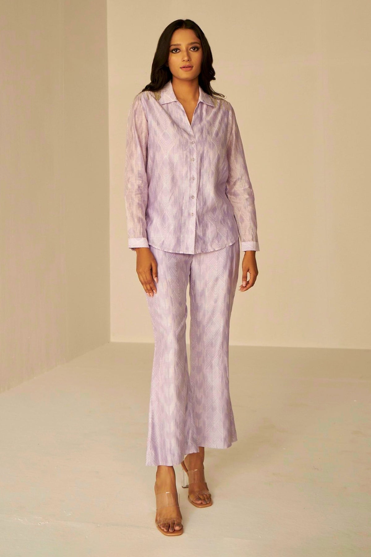 Purple Chanderi Cotton Silk Tie And Dye Pattern Jacket & Pant Set For Women