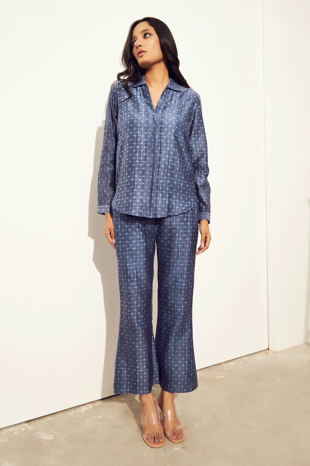Blue Chanderi Cotton Silk Tie And Dye Shibori Shirt Pattern & Pant Set For Women