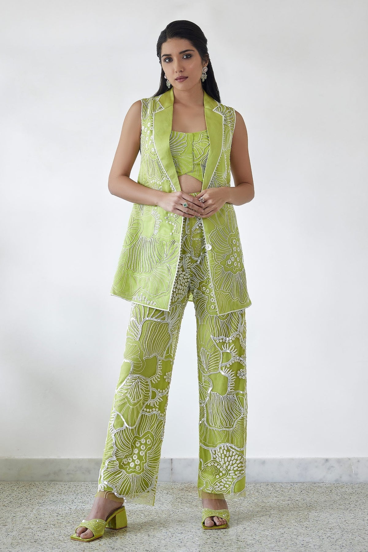 Green Organza Embroidered Thread Blazer Notched Lesly Pant Set For Women
