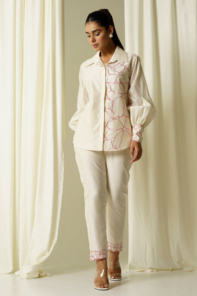 Ivory Chanderi Embroidered Thread Collared Neck Shirt And Pant Set For Women
