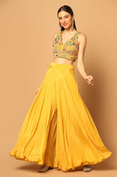 Yellow Crepe Embroidery Dori V Neck Sequin And Blouse Palazzo Set For Women