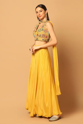 Yellow Crepe Embroidery Dori V Neck Sequin And Blouse Palazzo Set For Women