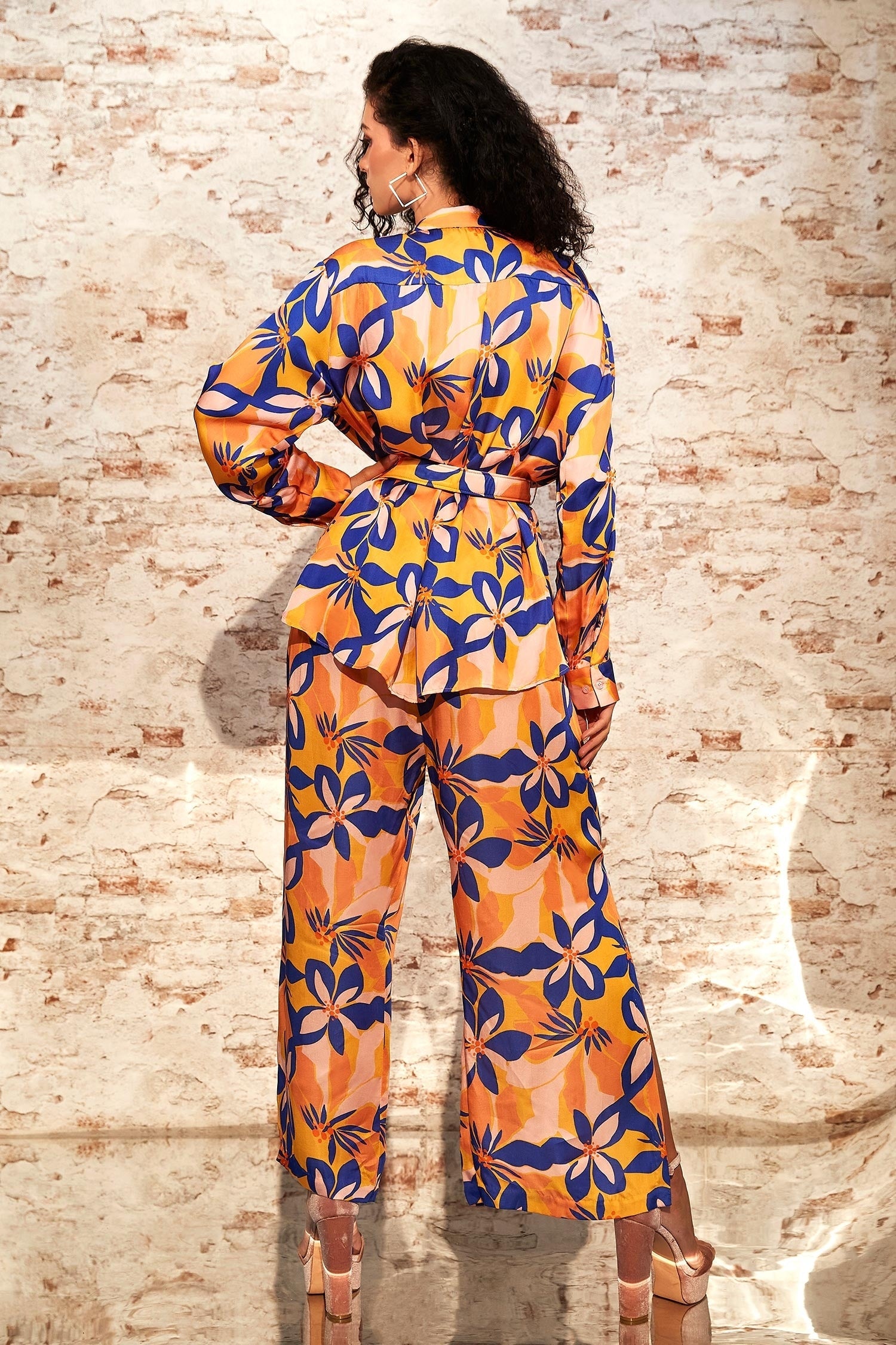 Orange Crepe Printed Floral Straight Collar Pant Set For Women