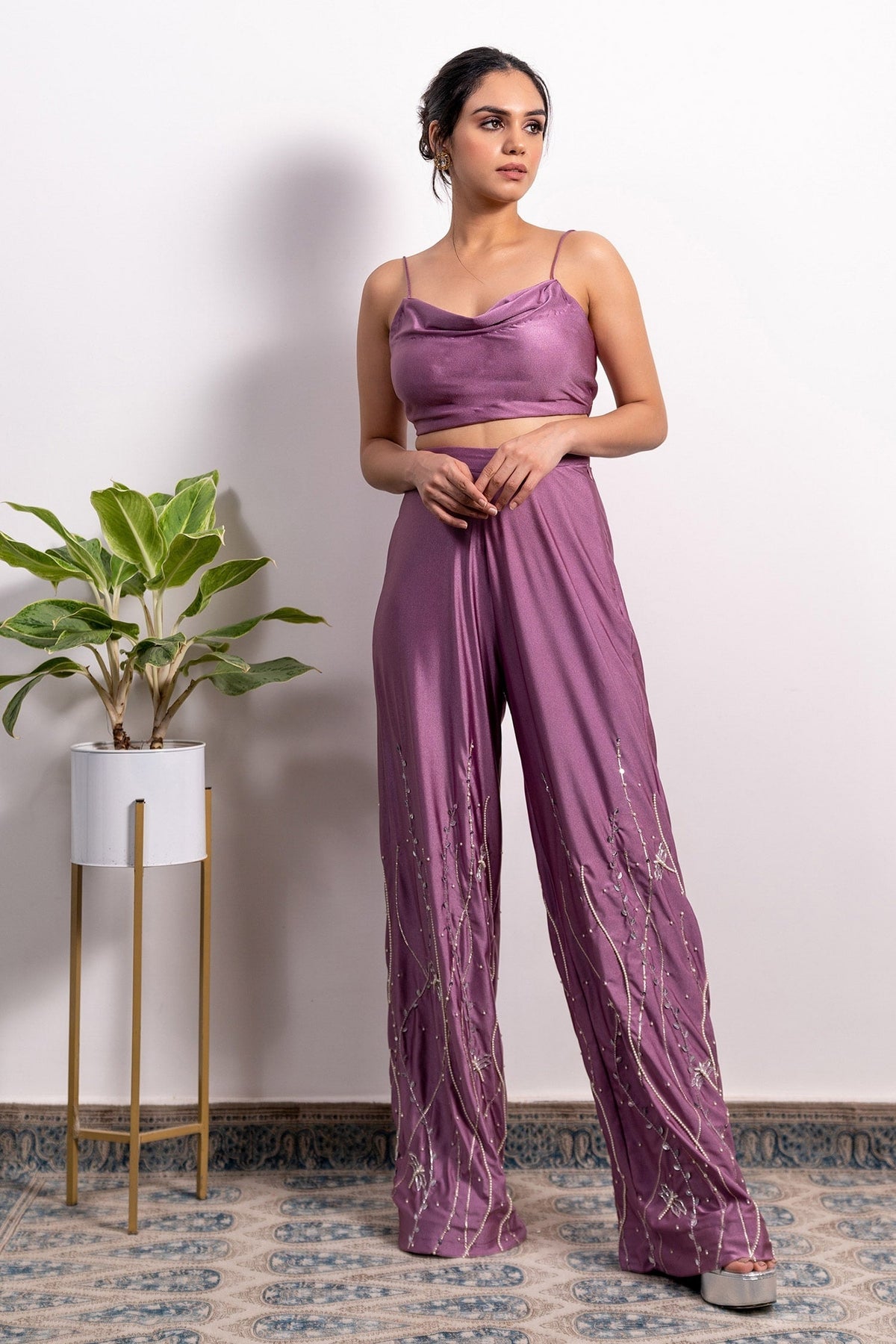 Purple Lycra Embroidery Pearl Cowl Neck Crop Top And Pant Set For Women