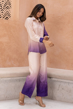 Purple Cotton Silk Plain Collared Iris Ombre Effect Shirt With Trouser For Women