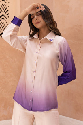 Purple Cotton Silk Plain Collared Iris Ombre Effect Shirt With Trouser For Women
