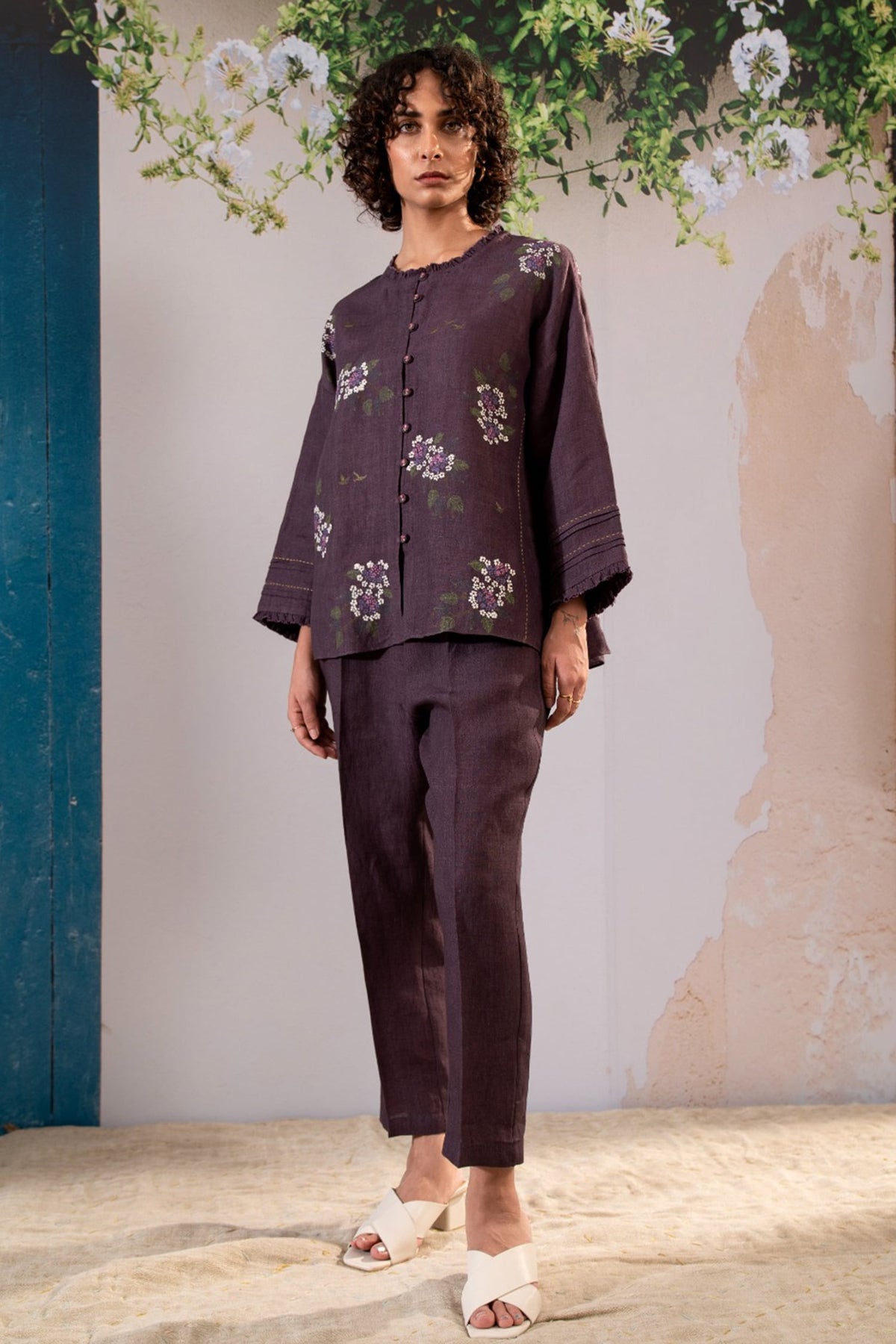 Purple Linen Block Print Floral Round Dahlia Shirt With Pant For Women