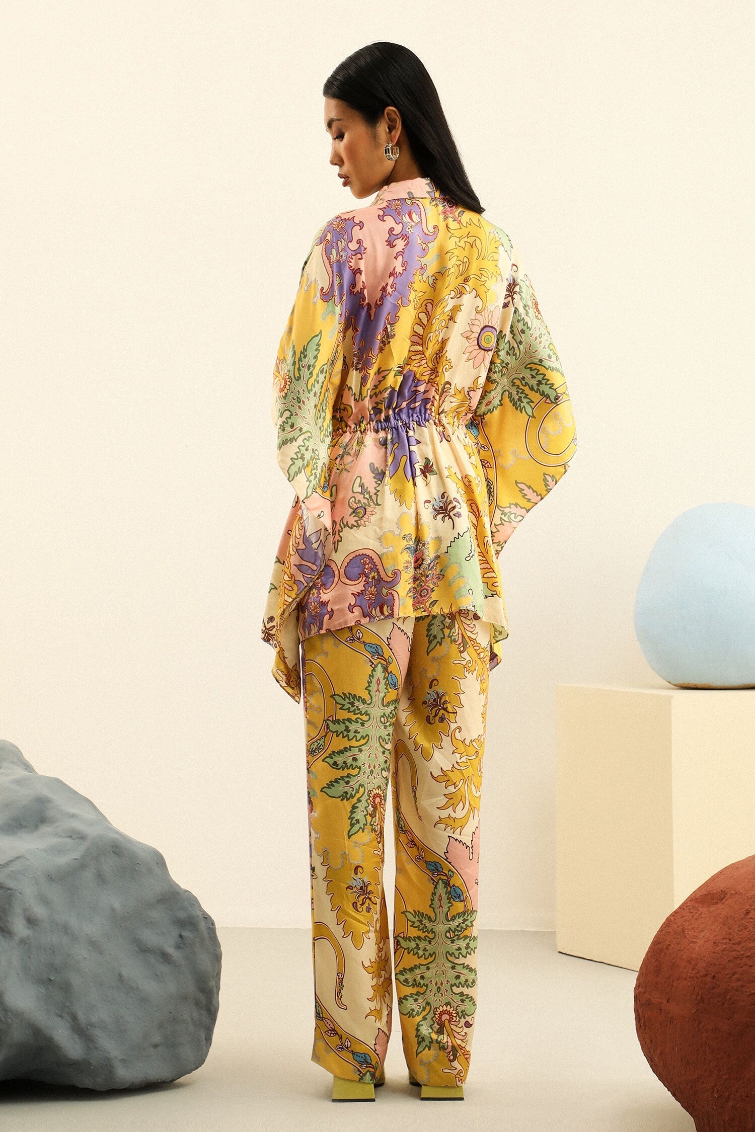 Yellow Mulberry Silk Printed Vintage Julia Kimono Top And Trouser Set For Women