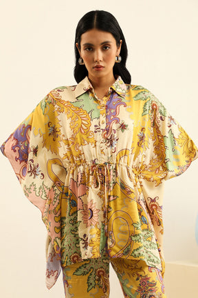 Yellow Mulberry Silk Printed Vintage Julia Kimono Top And Trouser Set For Women