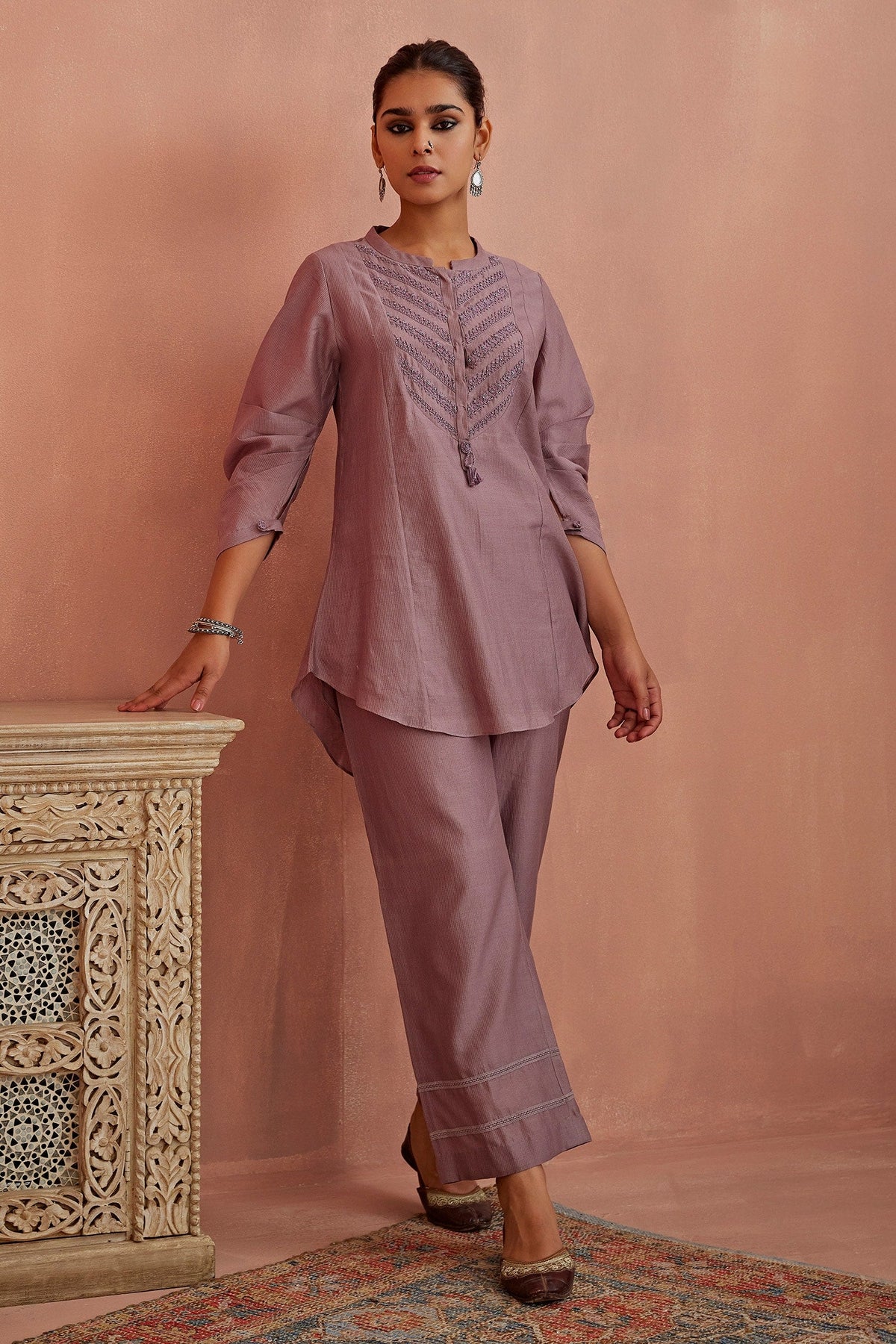 Purple Chanderi Embroidered Thread Band Collar Yoke Top And Pant Set For Women
