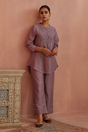 Purple Chanderi Embroidered Thread Band Collar Yoke Top And Pant Set For Women