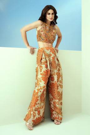 Off White Tissue Organza Printed Floral Paisley Crop Top And Pant Set For Women