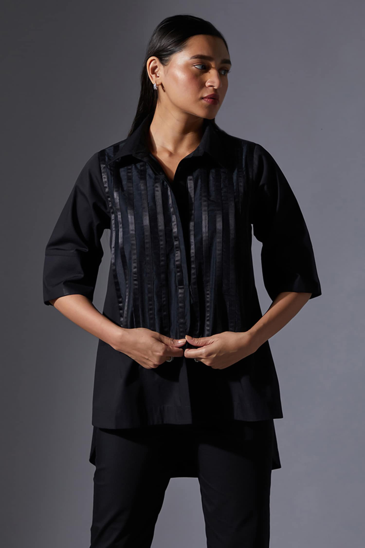 Black 100% Cotton Stripes Collar Shirt With Straight Pant For Women