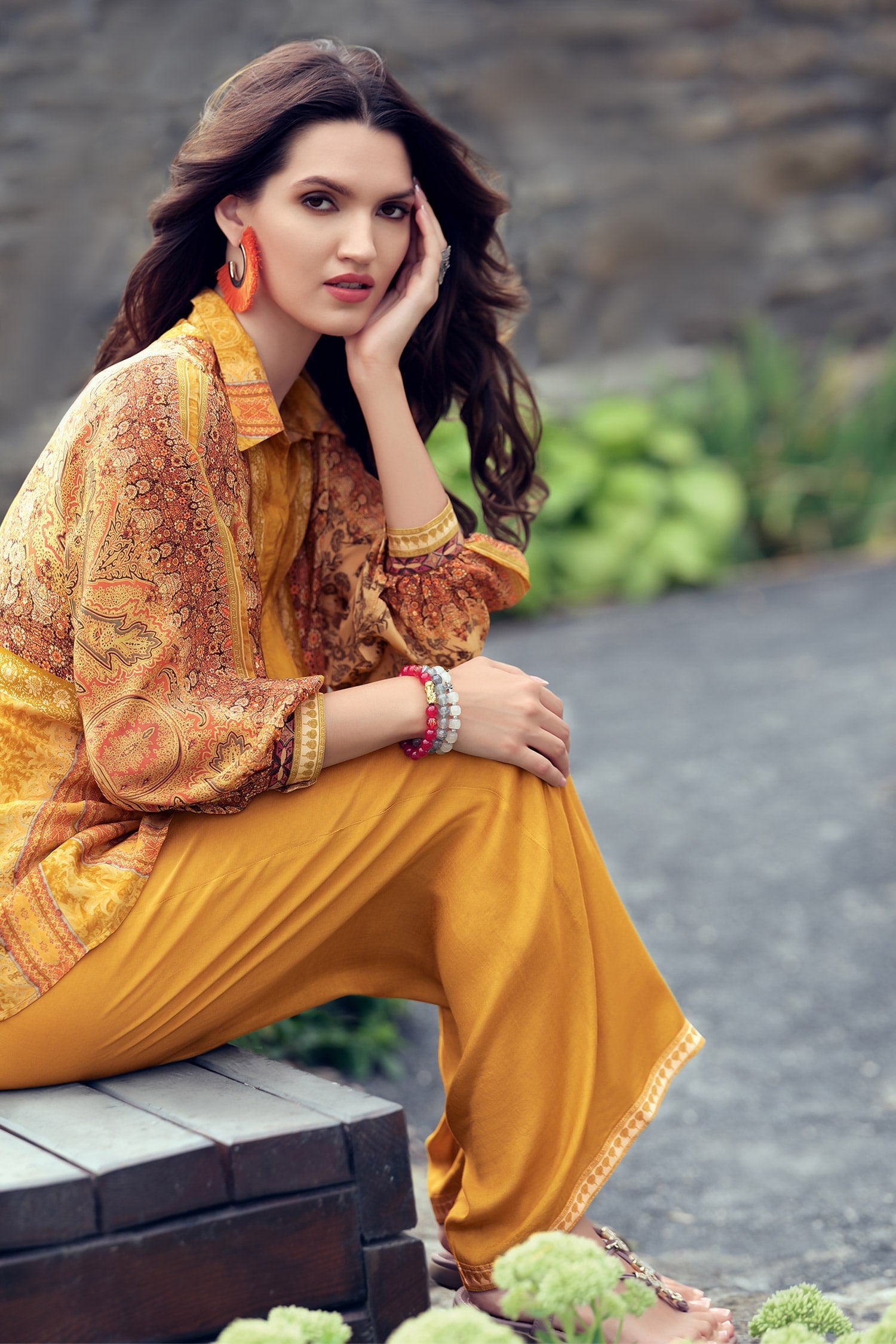 Yellow Shirt Viscose Woven Muslin Printed Floral Collar And Pant Set For Women