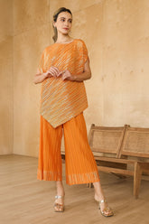 Orange Pleated Polyester Textured Metallic Long Top With Pant For Women