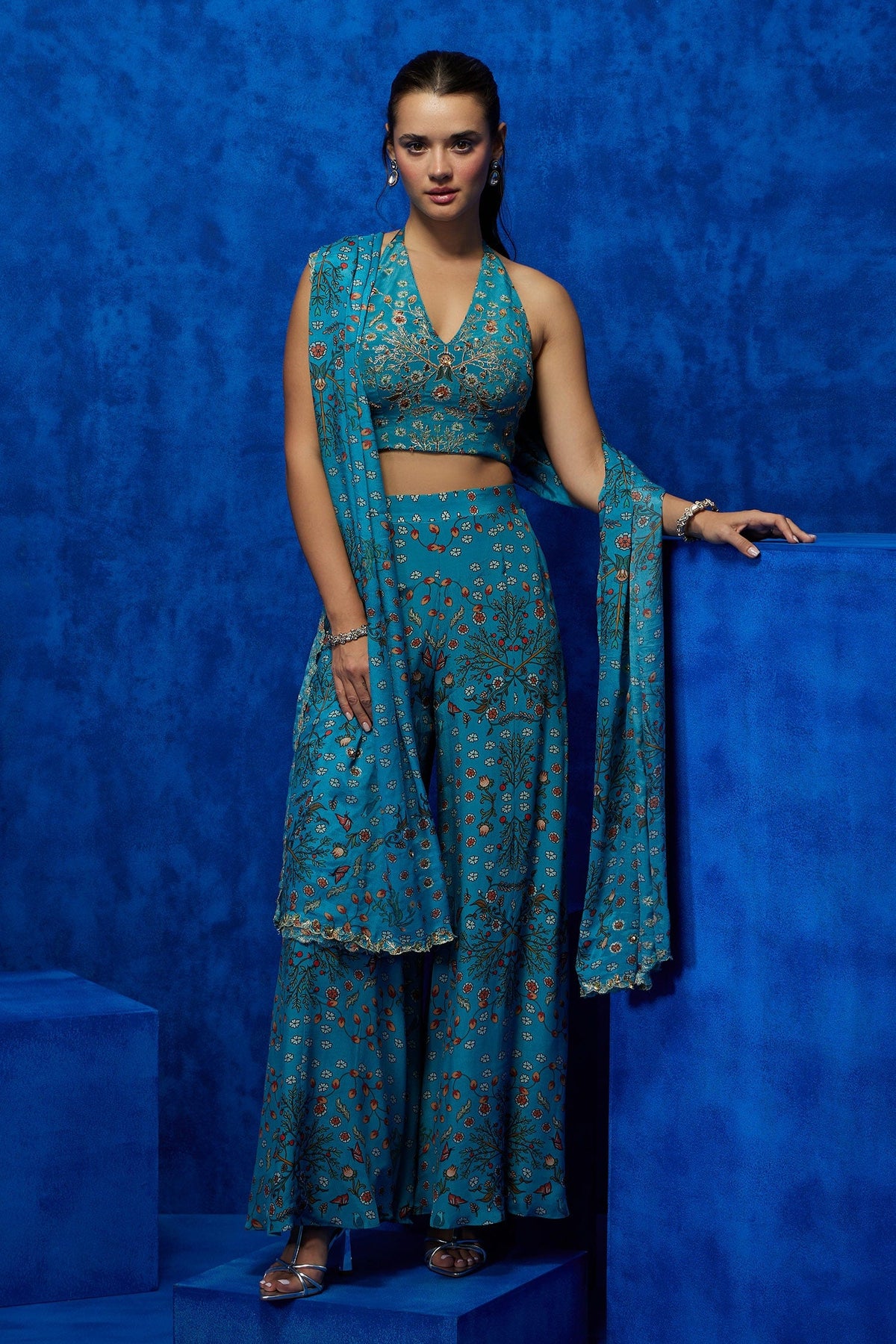 Blue Natural Crepe Printed And Hand Embroidered Celestial Top Pant Set For Women