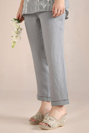 Blue 100% Linen Hand Drawn Floral Savannah Kismat Top With Pant For Women