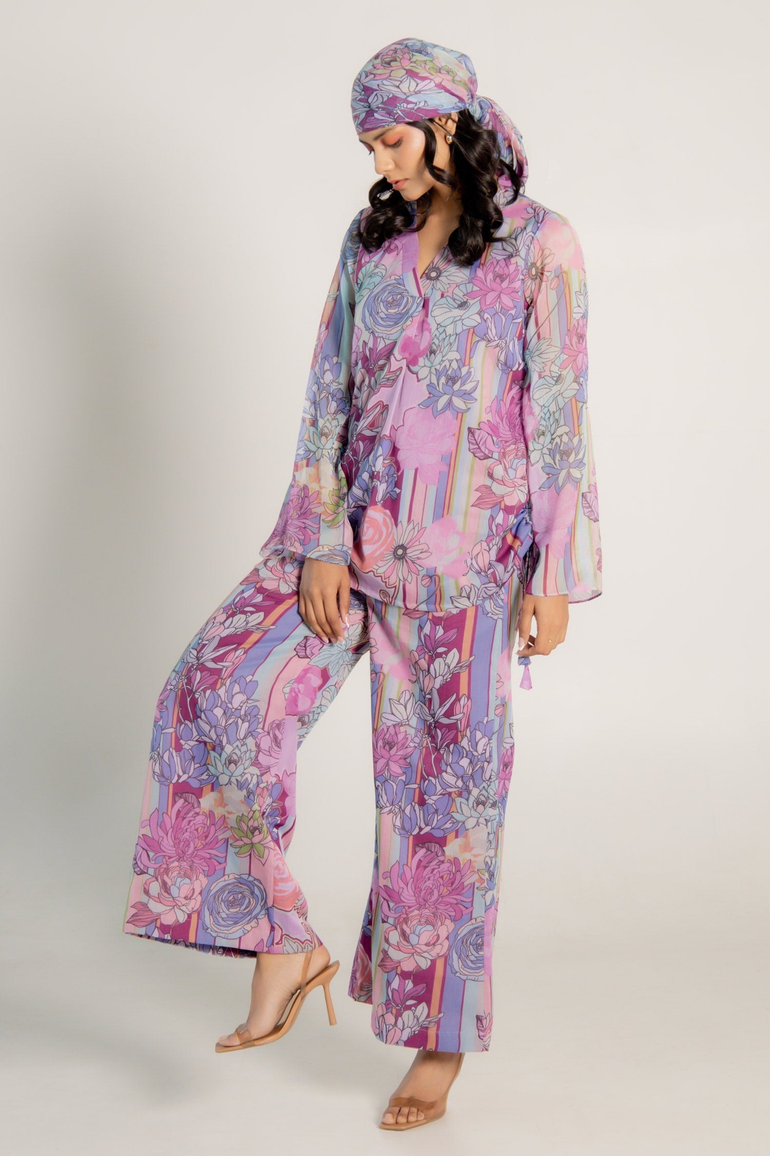 Purple Recycled Chiffon Printed Fay Jenna Top And Pant Co-ord Set For Women