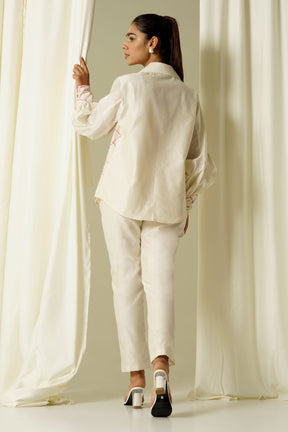 Ivory Chanderi Embroidered Thread Collared Neck Shirt And Pant Set For Women