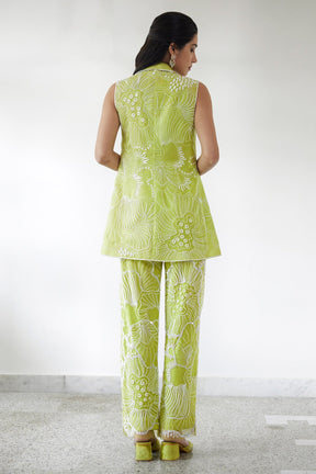 Green Organza Embroidered Thread Blazer Notched Lesly Pant Set For Women