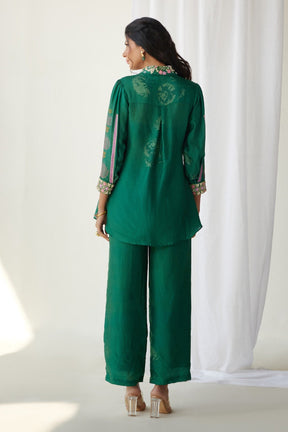 Emerald Green Silk Printed Floral Shirt Collar Pant Set For Women