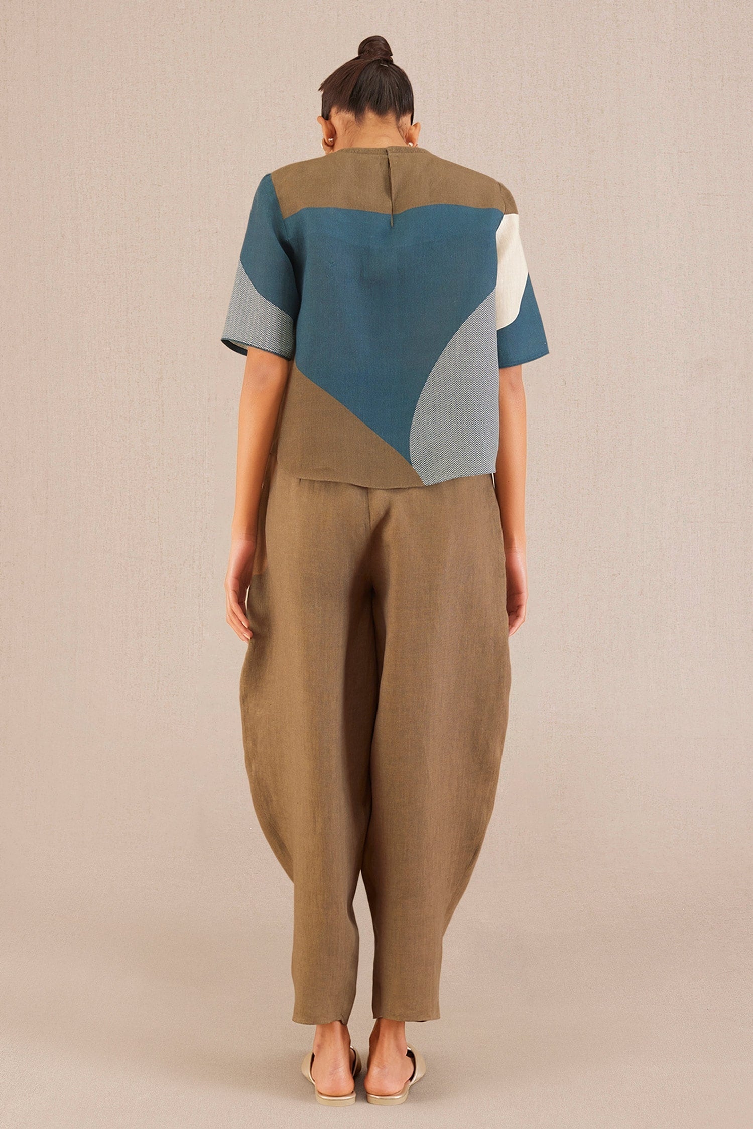 Blue Linen Fluid Round Freya Top With Dhoti Pant For Women