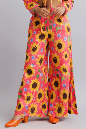 Peach 100% Cotton Printed Sunflower Notched Collar Pant Set For Women