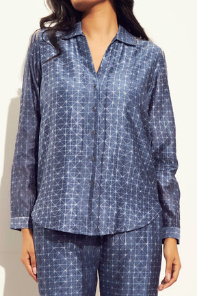 Blue Chanderi Cotton Silk Tie And Dye Shibori Shirt Pattern & Pant Set For Women