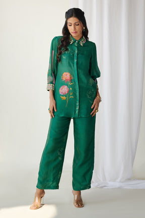 Emerald Green Silk Printed Floral Shirt Collar Pant Set For Women