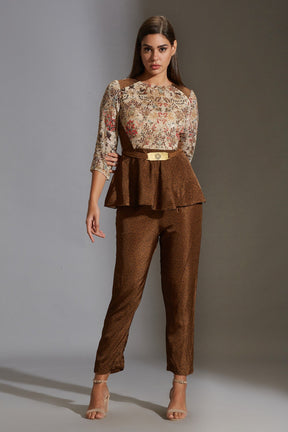 Beige Satin Round Printed Top And Pant Set For Women
