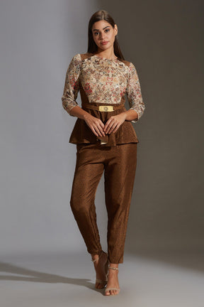 Beige Satin Round Printed Top And Pant Set For Women